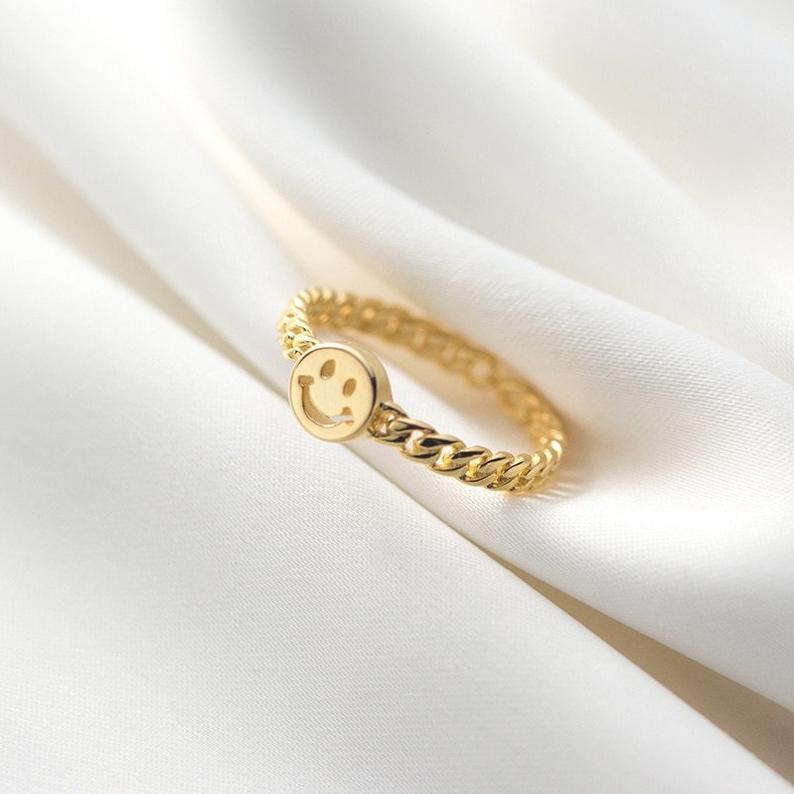 2021 Vintage Smiley Face Rings for Women Gold Brass Chunky Twisted Chain Geometric Smile Rings Gothic Punk Jewelry Girls