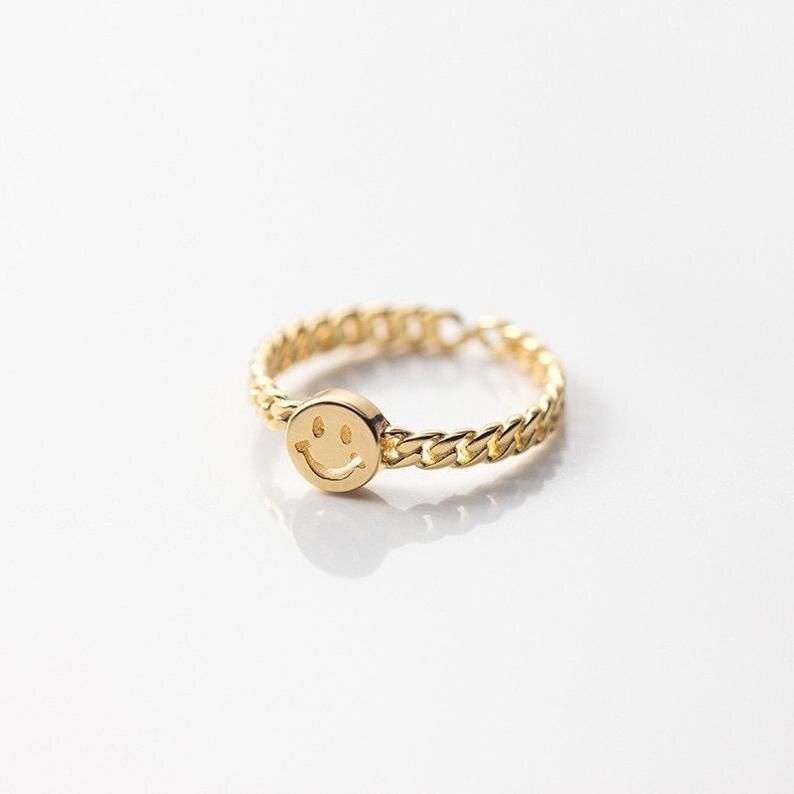 2021 Vintage Smiley Face Rings for Women Gold Brass Chunky Twisted Chain Geometric Smile Rings Gothic Punk Jewelry Girls