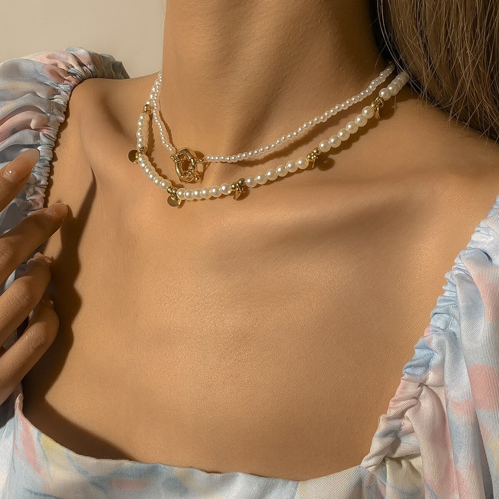 2021 Vintage Temperament Imitation Pearl Bead Geometric Round Double-layer Necklace for Women Girls Wedding Party Jewelry Gifts