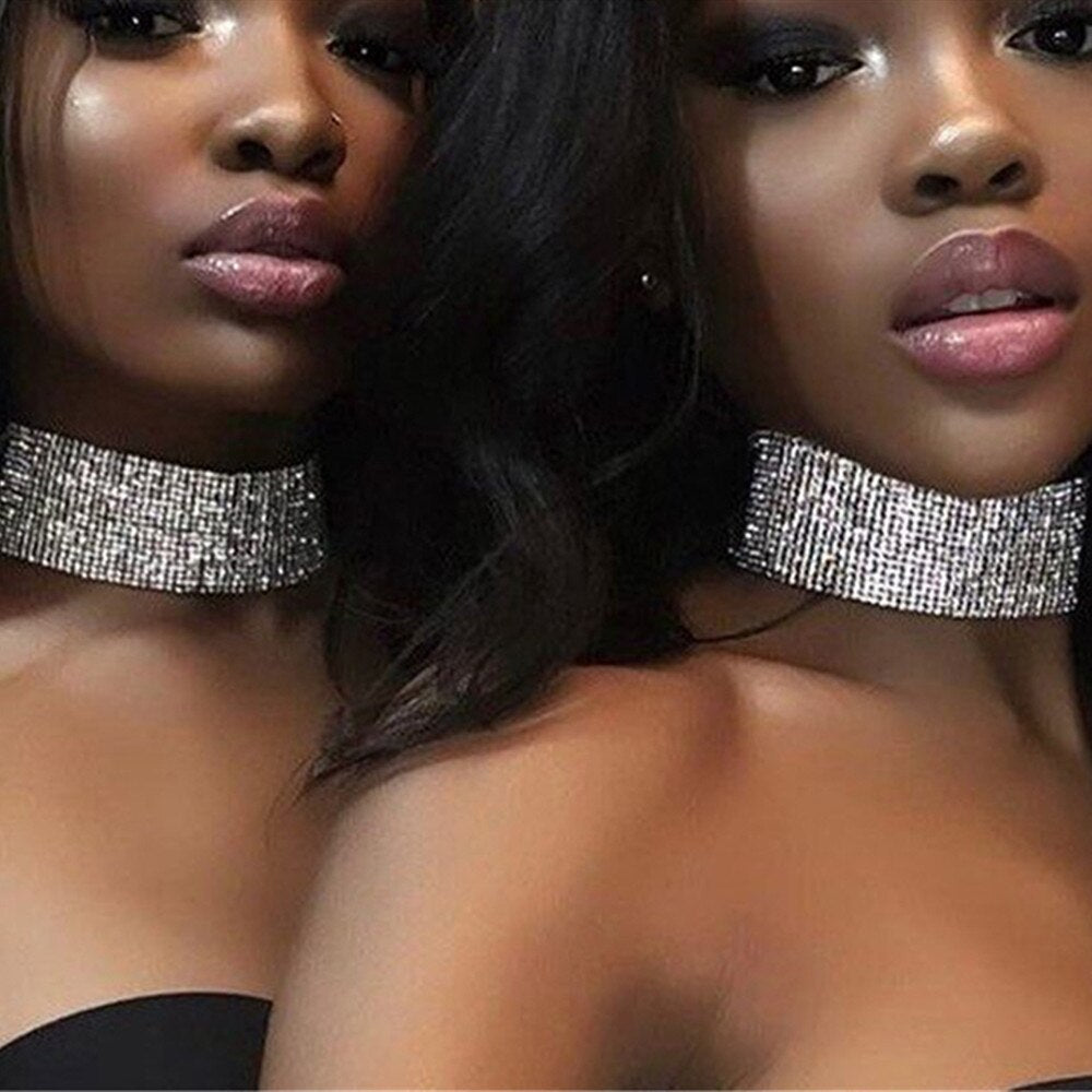 2021  flash all Rhinestone multi row Necklace wide Necklace clavicle chain sexy women's bar nightclub jewelry gift