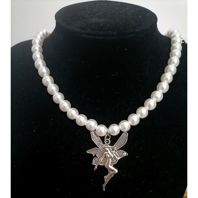 2021 goth aesthetic Angel fairy cat pendant pearl choker necklace collar Punk egirl goblincore grunge jewelry for women
