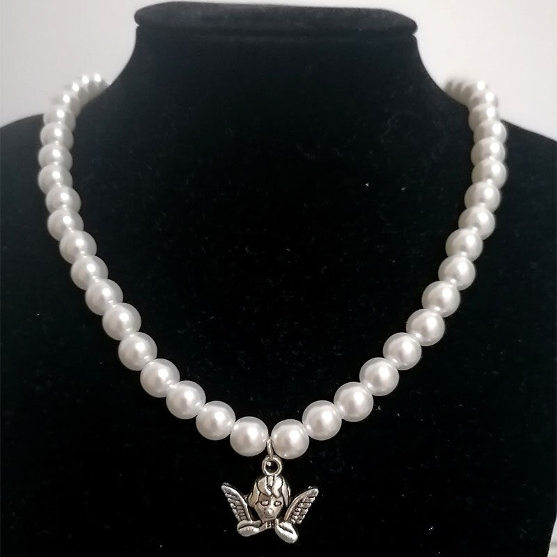2021 goth aesthetic Angel fairy cat pendant pearl choker necklace collar Punk egirl goblincore grunge jewelry for women