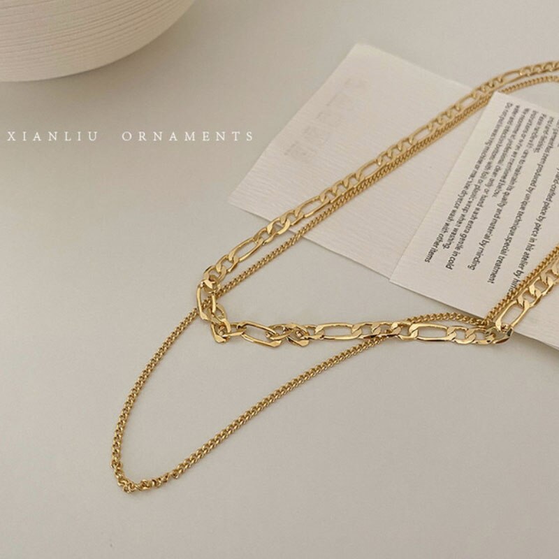 2021 multi-layered wearing necklace retro decorative necklace female gold silver clavicle chain female simple temper