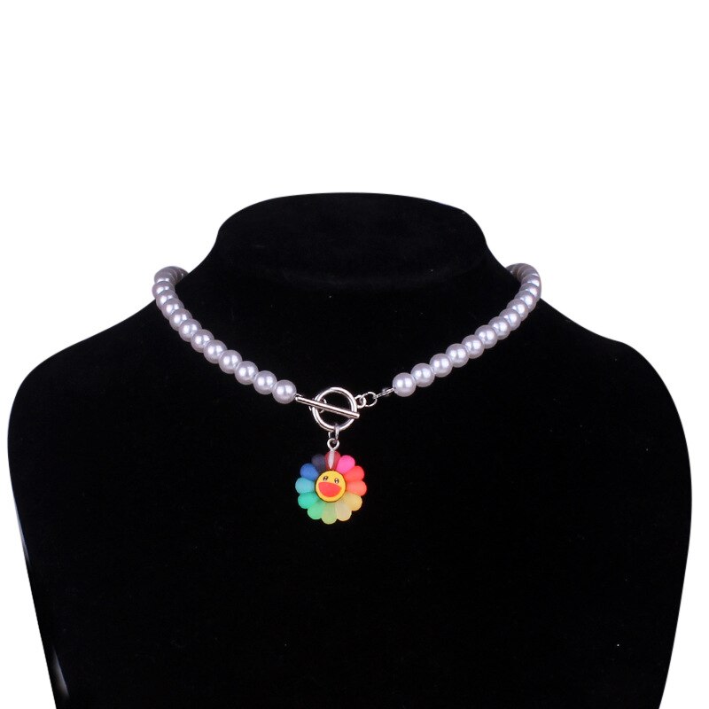 2022 punk gothic harajuku pearl chain Rainbow Sunflower Pendant Necklace for Women Men Choker Collar Goblincore grunge Jewelry