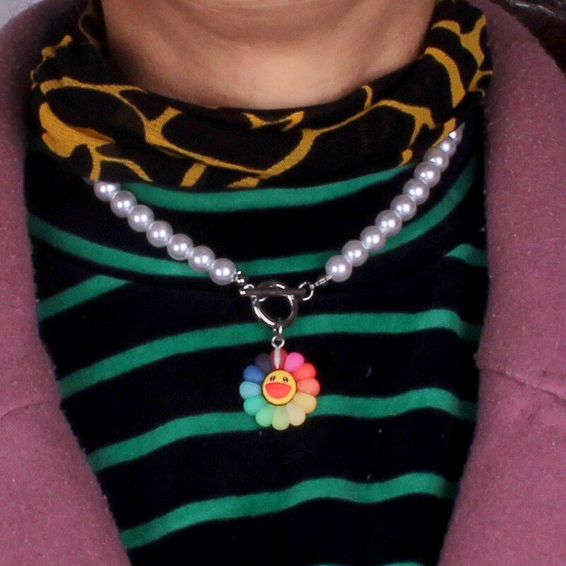 2022 punk gothic harajuku pearl chain Rainbow Sunflower Pendant Necklace for Women Men Choker Collar Goblincore grunge Jewelry