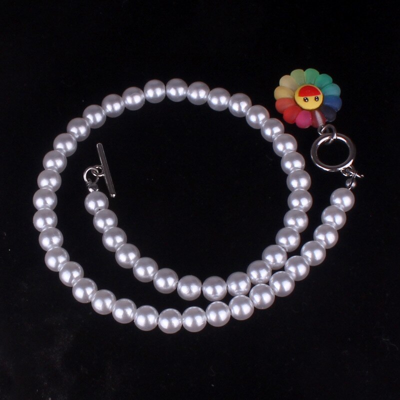2022 punk gothic harajuku pearl chain Rainbow Sunflower Pendant Necklace for Women Men Choker Collar Goblincore grunge Jewelry