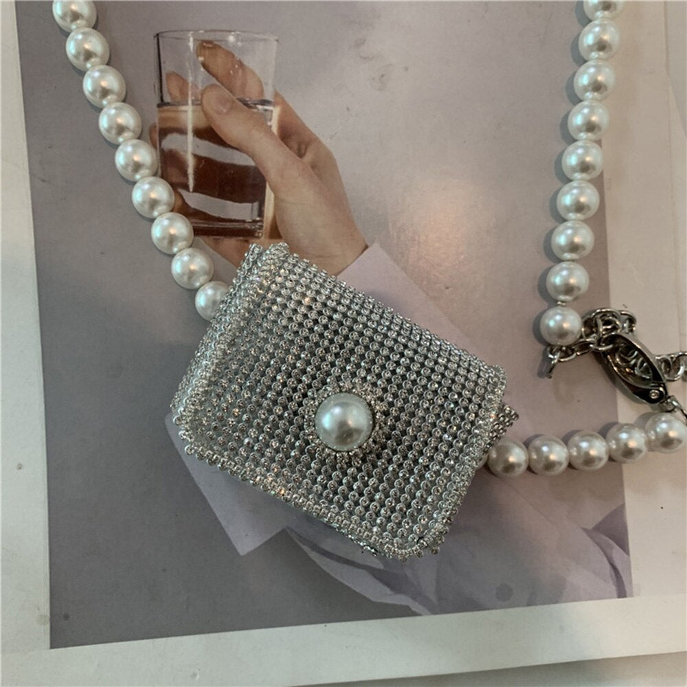2022Korean Pearl Chain Small Bag Women's Sparkling Diamond Mini Slant Cross Bag Shoulder Decoration Crossbody Bags For Women