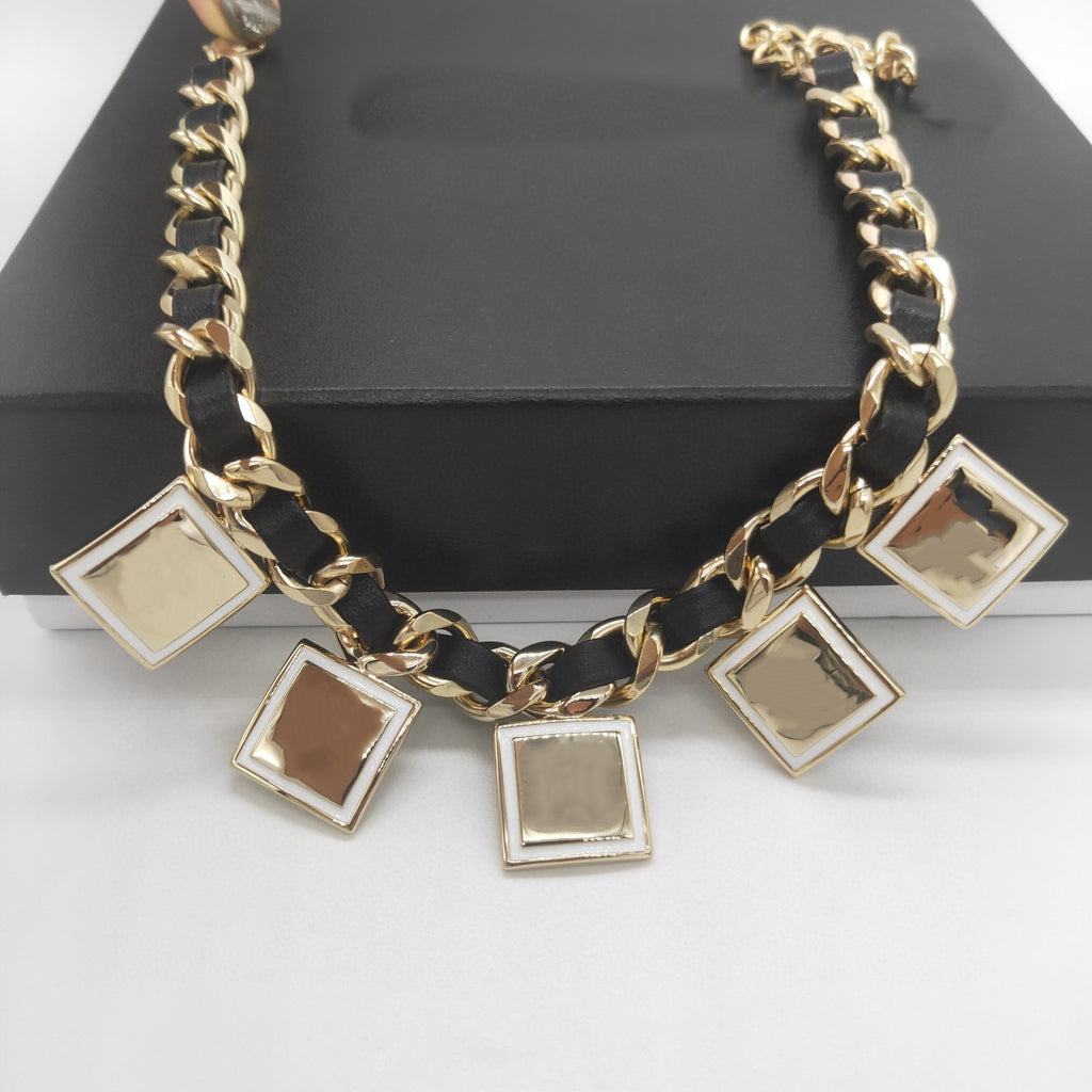 2022 Brand Choker Jewelry Women Vintage Black Leather Chain Square Pendants  Necklace Party Fine Jewelry