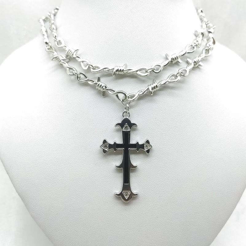 Brand Brambles Unisex Choker Necklace Men Women Hip Hop Gothic Punk Barbed Wire Thorns Cross Pendant Chain Party Gift