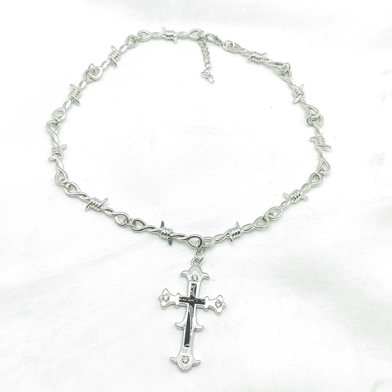 Brand Brambles Unisex Choker Necklace Men Women Hip Hop Gothic Punk Barbed Wire Thorns Cross Pendant Chain Party Gift