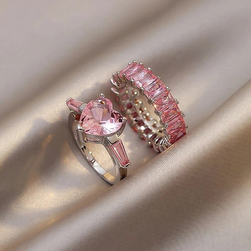 2022 Classic Pink Crystal Geometry Peach Heart Silvery Rings For Woman Wedding Girl's  Set With Korean Jewelry