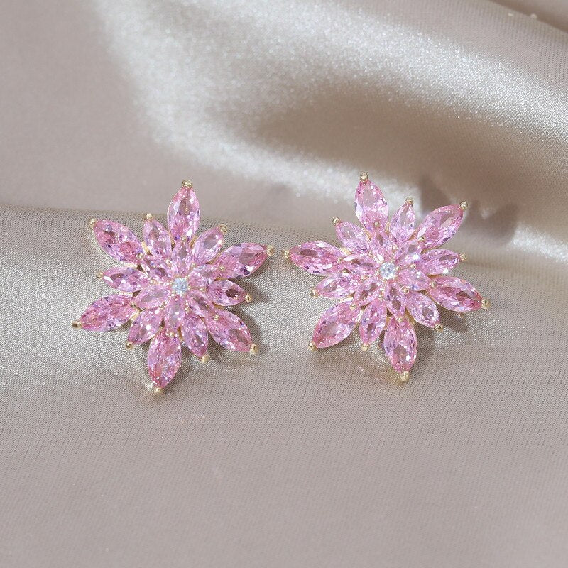 2022 Europe America Jewelry  Pink Zircon Snowflake Flower Earrings Elegant Women Wedding Party Accessories