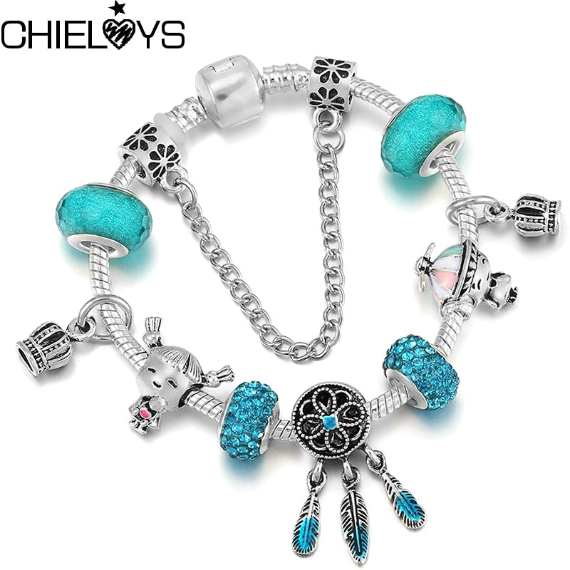 2022 Feather Boy Girl Pendant Bracelet With Blue Glass Beads Bracelet For Women Kids Girlfriend Jewelry