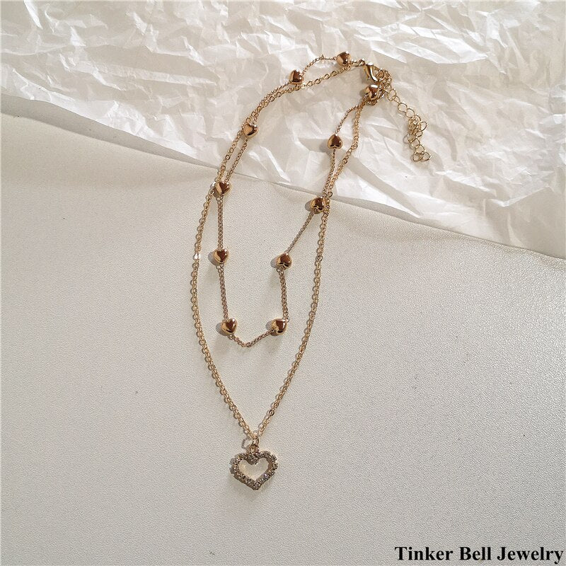 2022 Kpop Vintage Baroque Aesthetic Hollow Out Love Heart Pendant Zircon Pearl Chain Choker Necklace For Women Bff Party Jewelry