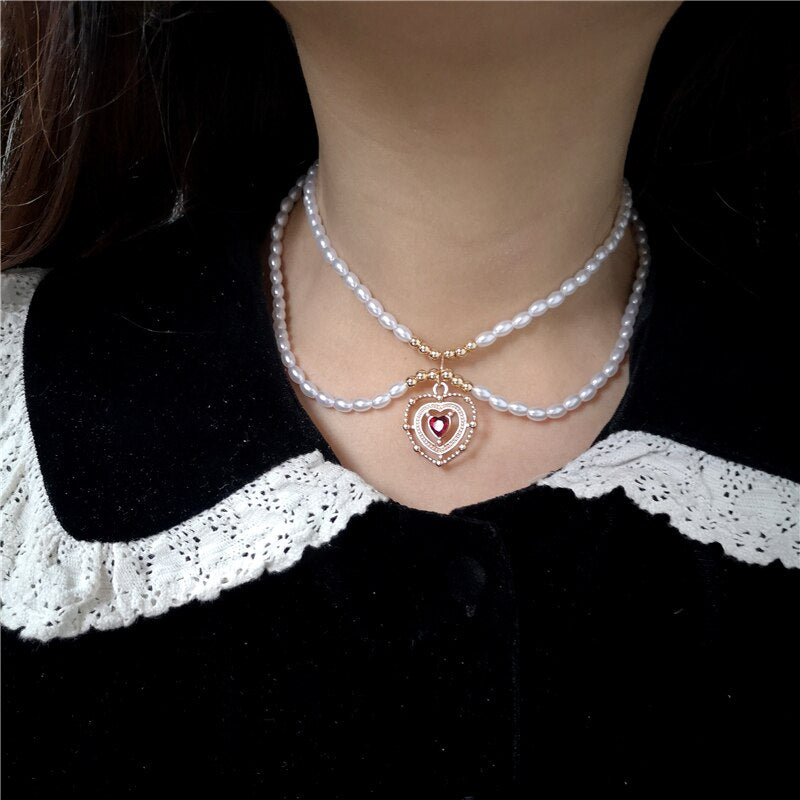 2022 Kpop Vintage Baroque Aesthetic Hollow Out Love Heart Pendant Zircon Pearl Chain Choker Necklace For Women Bff Party Jewelry