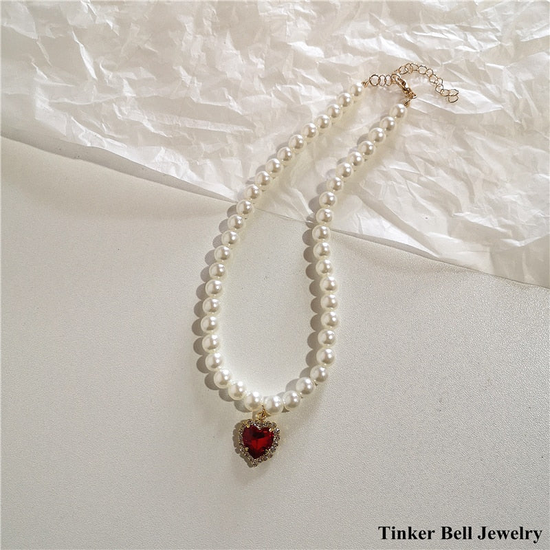 2022 Kpop Vintage Baroque Aesthetic Hollow Out Love Heart Pendant Zircon Pearl Chain Choker Necklace For Women Bff Party Jewelry