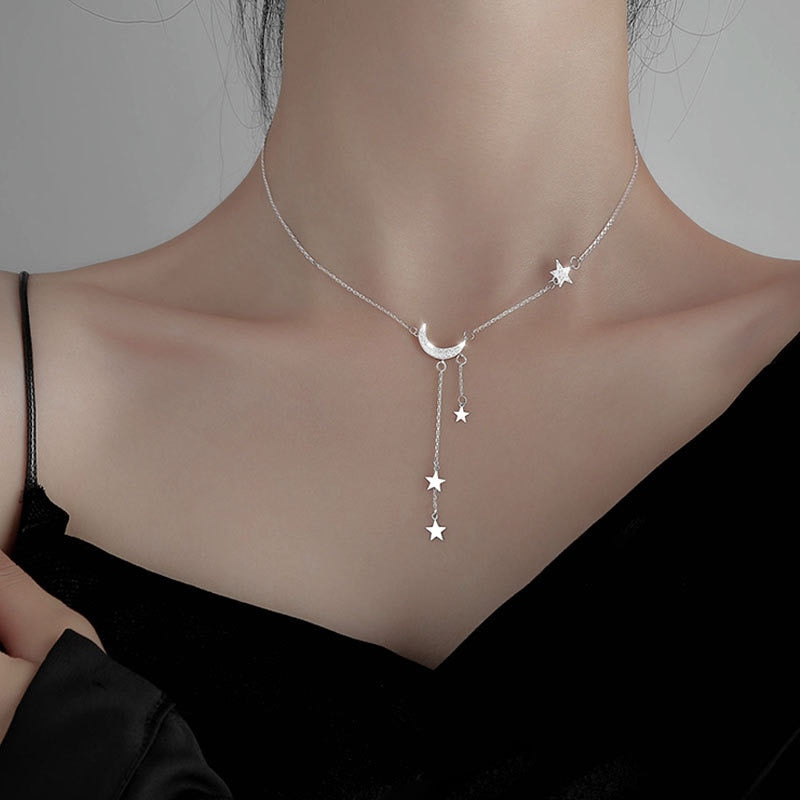 Bling 925 Silver Sterling Tassel Star Moon Necklace For Women Clavicle Chain Woman Jewelry Birthday Gift Accessories