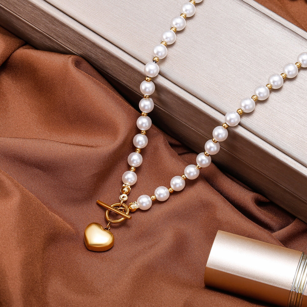 2022 18K Vintage Wedding Pearl Choker Heart Necklace For Women Geometric Heart Pendant Necklaces Jewelry collier de perles