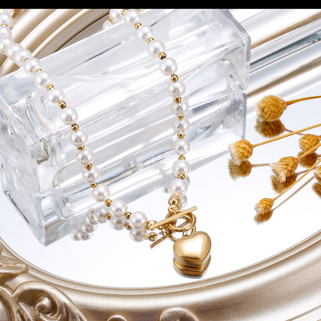 2022 18K Vintage Wedding Pearl Choker Heart Necklace For Women Geometric Heart Pendant Necklaces Jewelry collier de perles