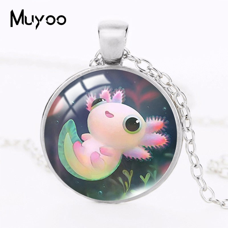 2022 Cute Axolotl Pendant Necklace Animal Round Photo Necklaces Glass Dome Jewelry Gifts