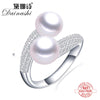 Double Pearl Adjustable Natural Freshwater Pearl Original 925 Sterling Silver Zircon Women's Ring Fine Bridal Jewelry