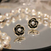 2022 Elegant Black Flower Pendant Pearl Earrings Korean Jewelry Party Girl's Sweet Accessories For Woman's Earrings