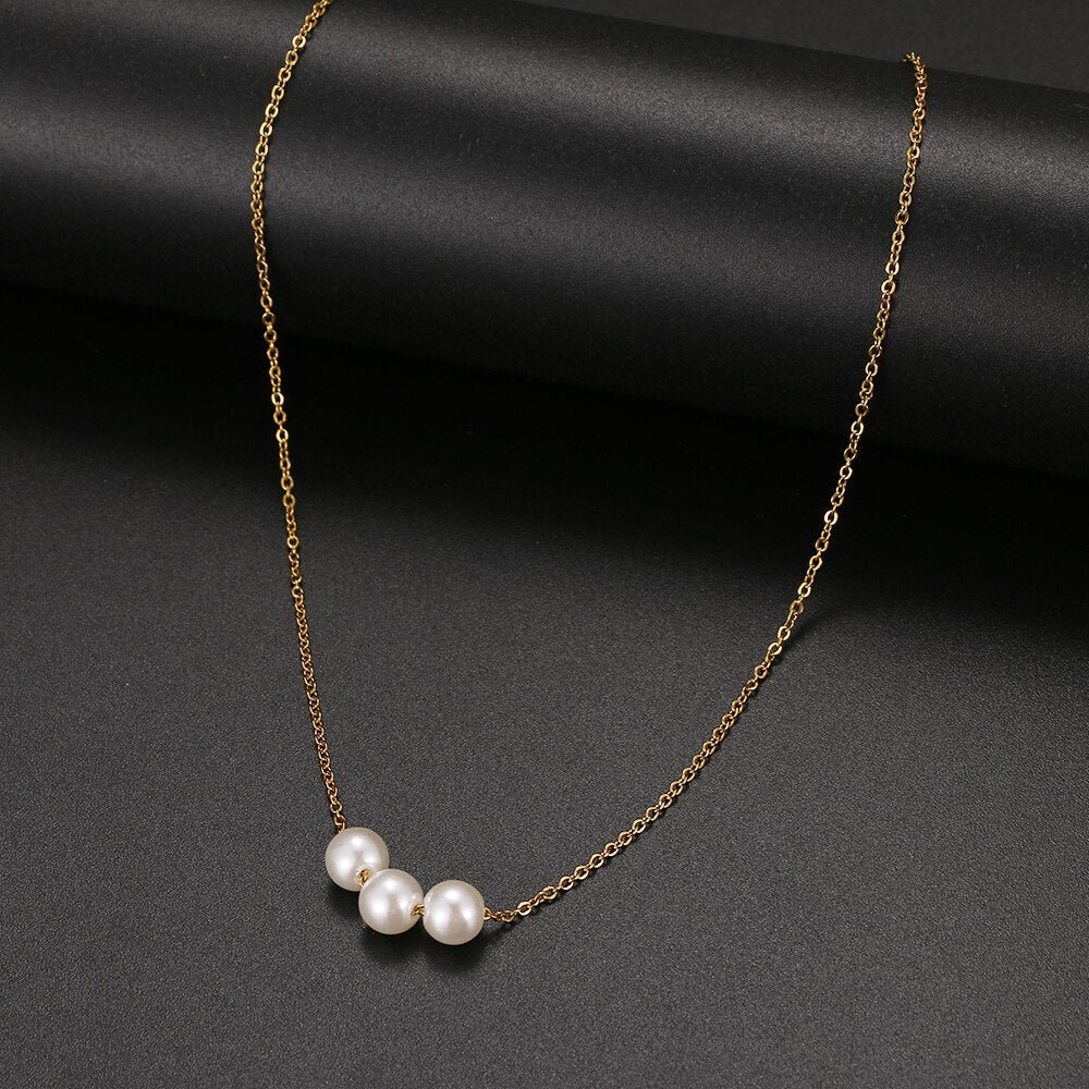 2022 Kpop Cute Three Pearl Choker Necklaces Stainless Steel Chain Necklace Pendant Party For Women Jewelry Girl Gift