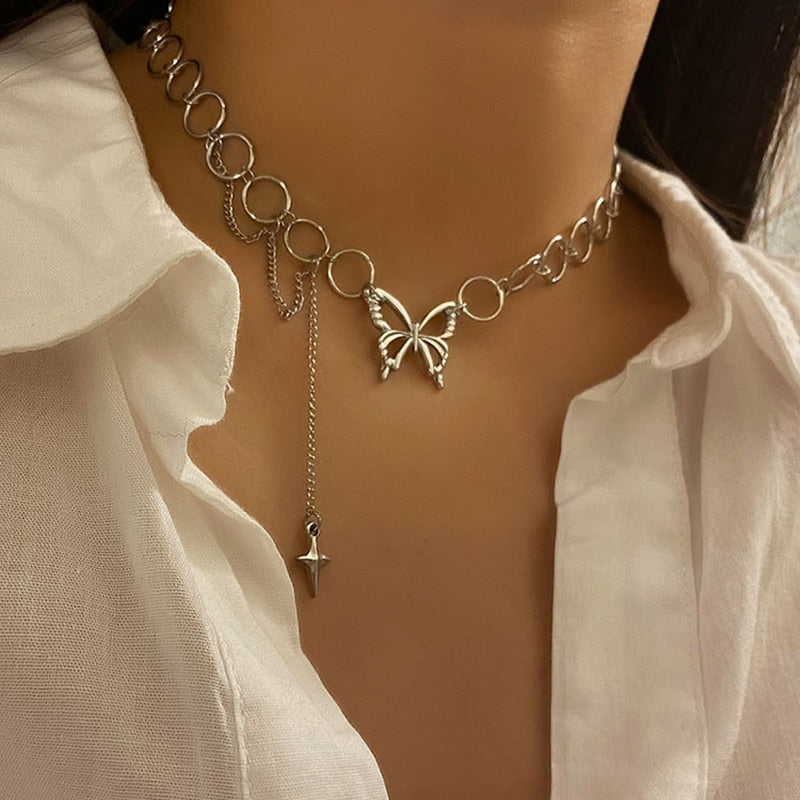 2022 Goth Hollow Butterfly Choker Necklace Statement Girlfriend Gift Cute Bicolor Chain Clavicle Necklace Jewelry For Women