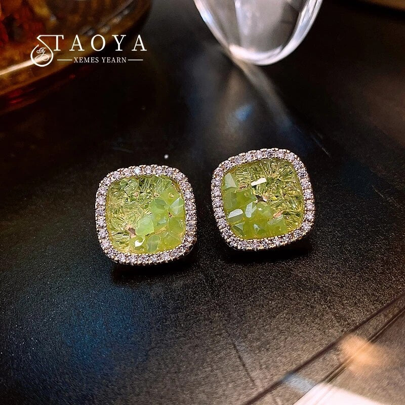 2022 Party  Green Crystal Micro Set Zircon Square Earrings High sense Accessories for Korean Jewelry Women‘s