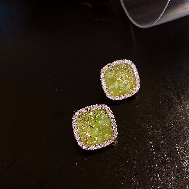 2022 Party  Green Crystal Micro Set Zircon Square Earrings High sense Accessories for Korean Jewelry Women‘s
