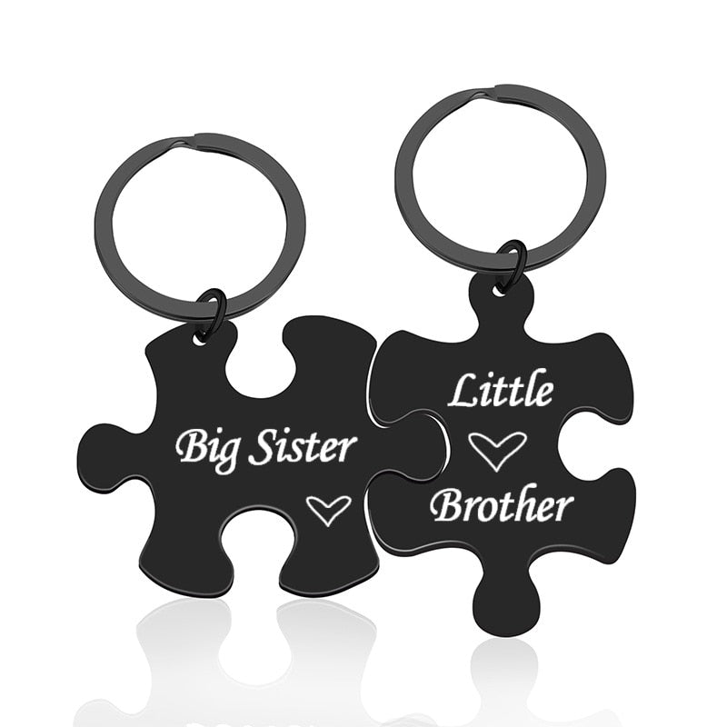 2022 Stainless Steel Key Chain Big Sister Key Ring Black Puzzle Pendant Necklace Family Gift