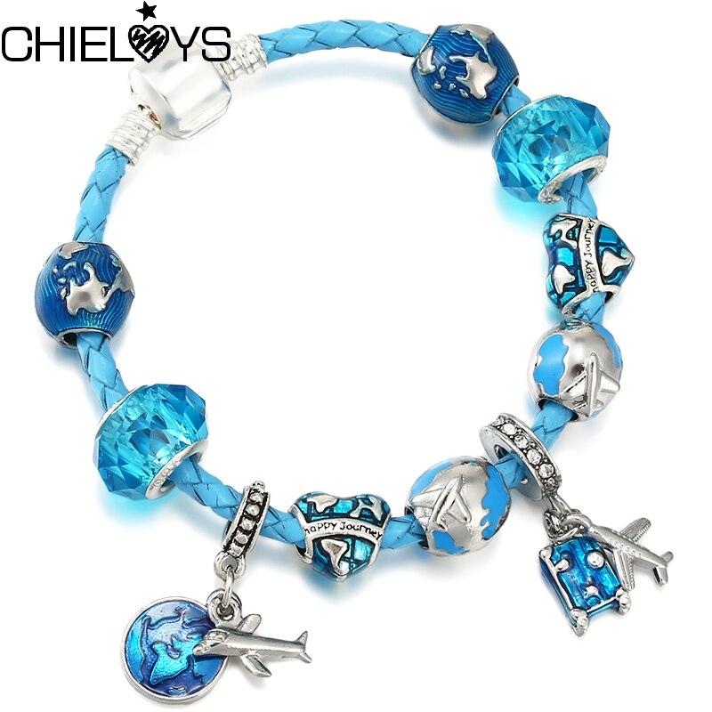 2022 Travel Series Airplane Earth Beads Charm Bracelets With Blue Leather Chain Bracelet For Women Pulseras Jewelry Gift Bluk