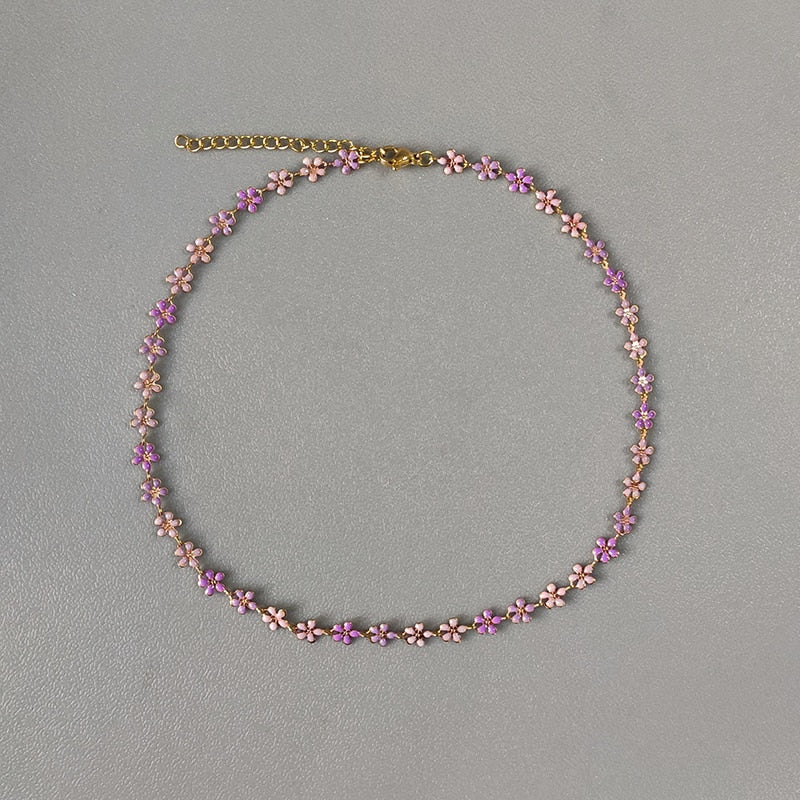 2022 Trendy Minimalist Purple Flower Pattern Chain Necklace  Stainless Steel Chain For Women Girl Charm Neck Choker