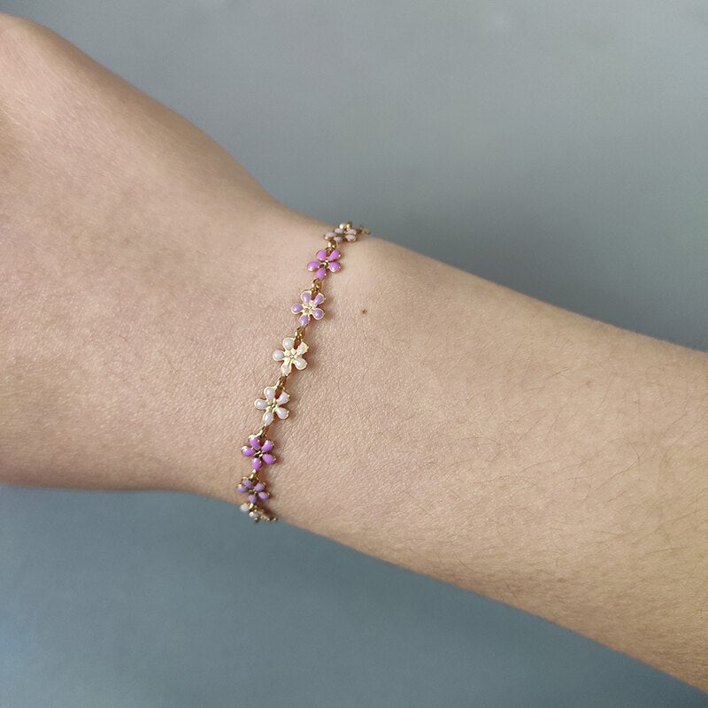 2022 Trendy Minimalist Purple Flower Pattern Chain Necklace  Stainless Steel Chain For Women Girl Charm Neck Choker