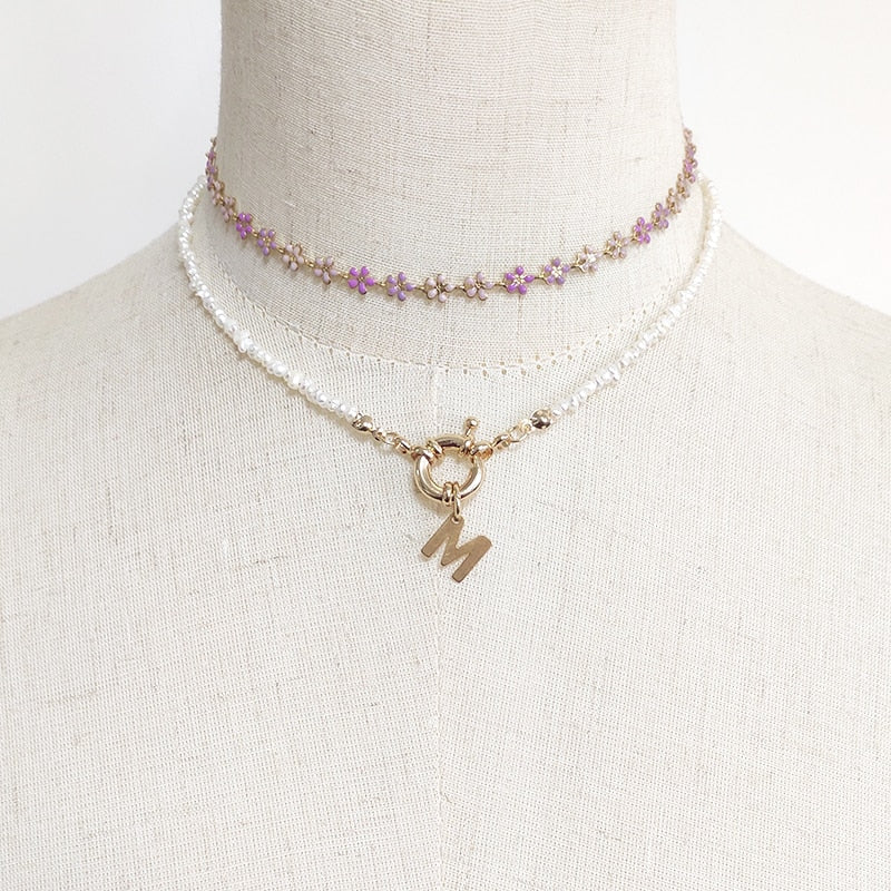 2022 Trendy Minimalist Purple Flower Pattern Chain Necklace  Stainless Steel Chain For Women Girl Charm Neck Choker