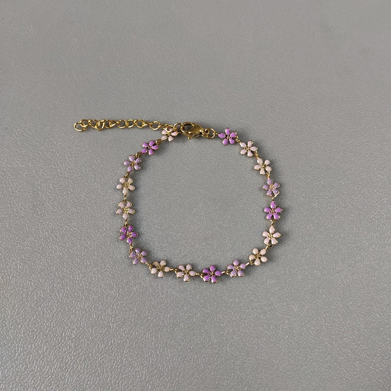 2022 Trendy Minimalist Purple Flower Pattern Chain Necklace  Stainless Steel Chain For Women Girl Charm Neck Choker