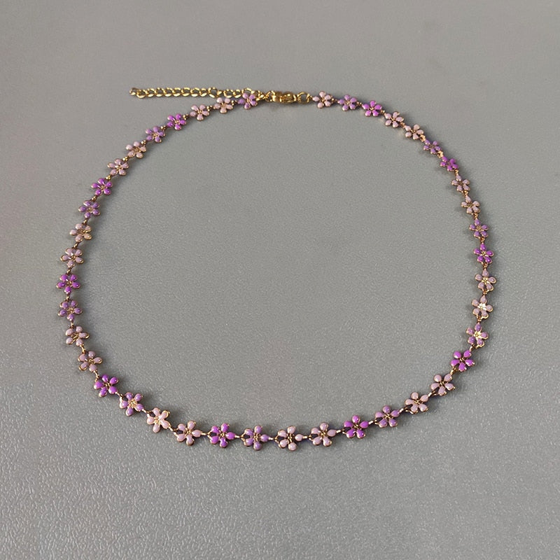 2022 Trendy Minimalist Purple Flower Pattern Chain Necklace  Stainless Steel Chain For Women Girl Charm Neck Choker