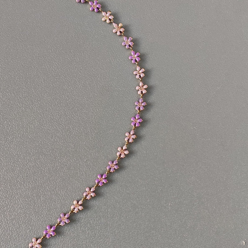 2022 Trendy Minimalist Purple Flower Pattern Chain Necklace  Stainless Steel Chain For Women Girl Charm Neck Choker