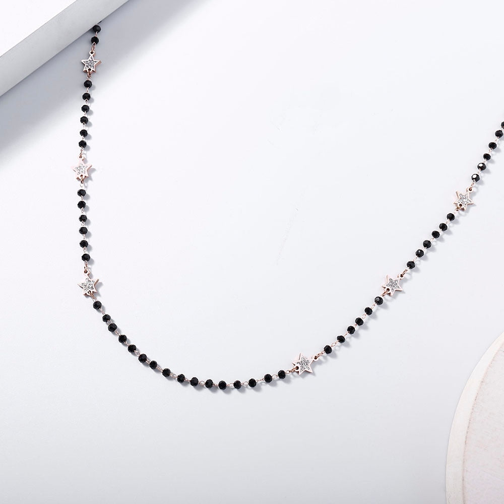 2022 Trendy Stainless Steel Strand Necklaces For Woman Gold Silver Color Crystal Little Star Black Beaded Chain Simple Jewelry