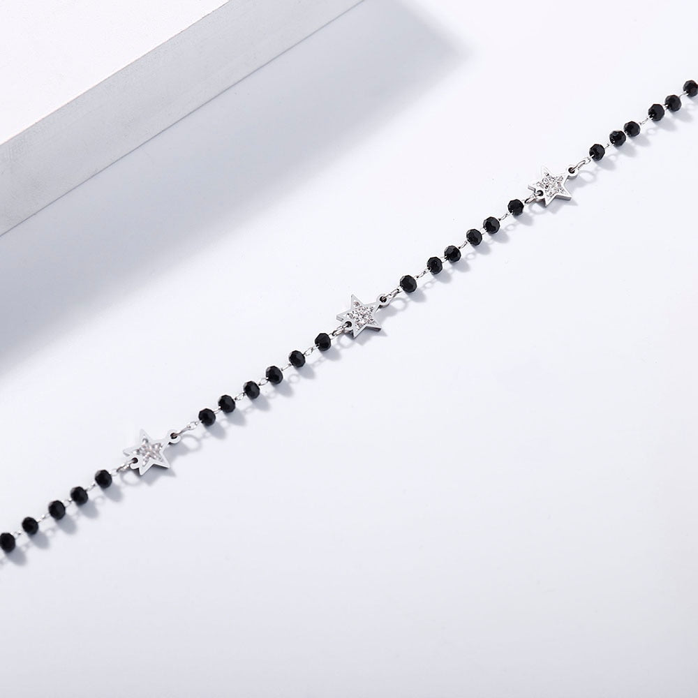 2022 Trendy Stainless Steel Strand Necklaces For Woman Gold Silver Color Crystal Little Star Black Beaded Chain Simple Jewelry