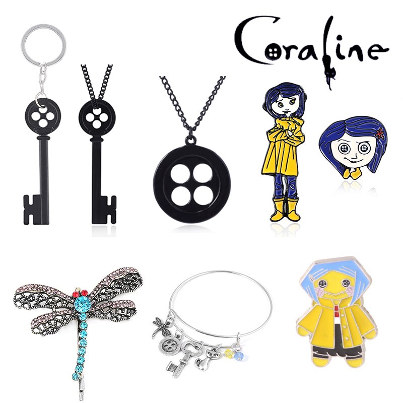 20Pcs/Lot Horror Movie Coraline Necklaces The Secret Door Black Button Key Skull Pendant Necklace Halloween Jewelry