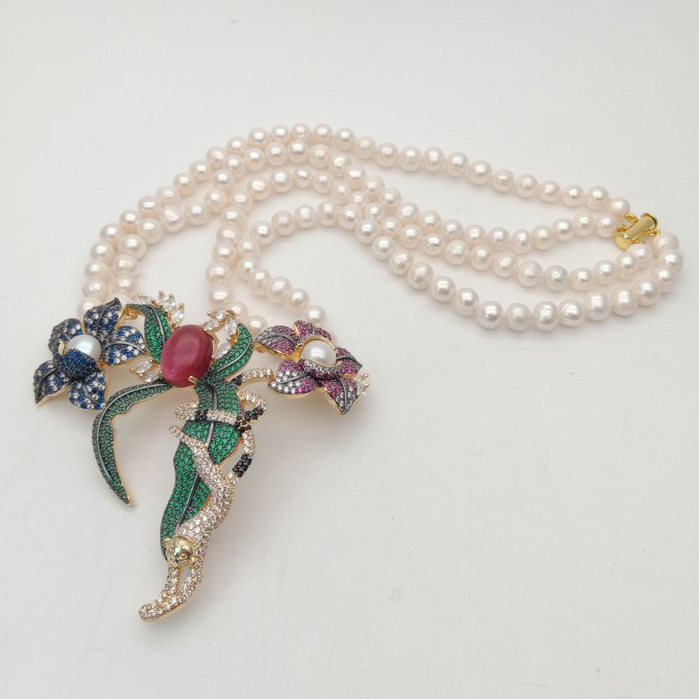 21" 2 Rows White Round freshwater Pearl Necklace  cz pave annimal  flower monkey gold color plated Pendant  wedding