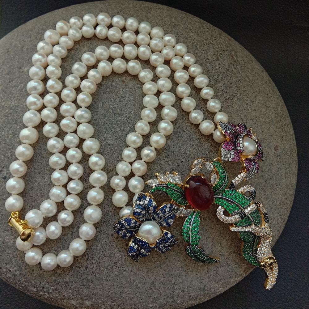 21" 2 Rows White Round freshwater Pearl Necklace  cz pave annimal  flower monkey gold color plated Pendant  wedding