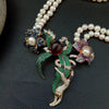 21" 2 Rows White Round freshwater Pearl Necklace  cz pave annimal  flower monkey gold color plated Pendant  wedding