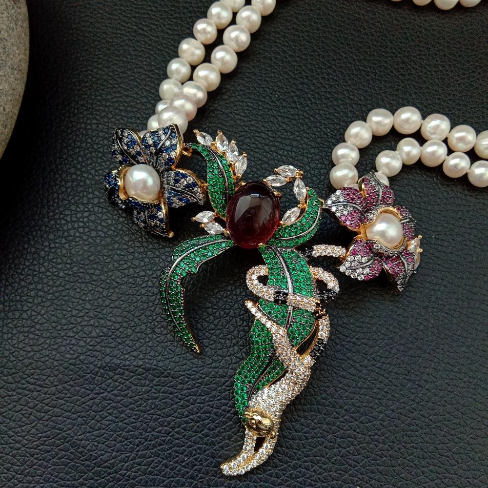 21" 2 Rows White Round freshwater Pearl Necklace  cz pave annimal  flower monkey gold color plated Pendant  wedding