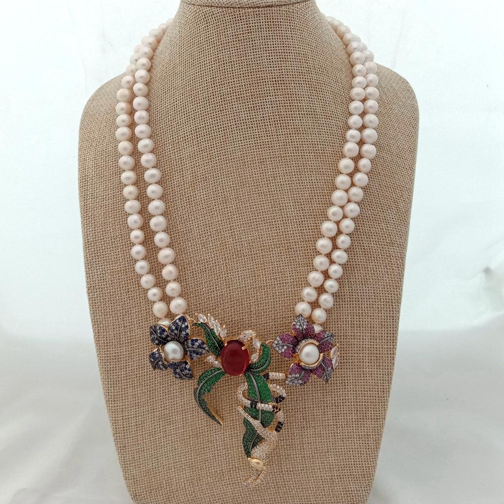 21" 2 Rows White Round freshwater Pearl Necklace  cz pave annimal  flower monkey gold color plated Pendant  wedding