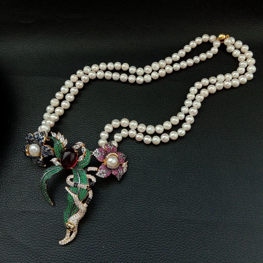 21" 2 Rows White Round freshwater Pearl Necklace  cz pave annimal  flower monkey gold color plated Pendant  wedding