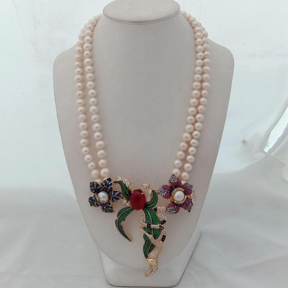 21" 2 Rows White Round freshwater Pearl Necklace  cz pave annimal  flower monkey gold color plated Pendant  wedding