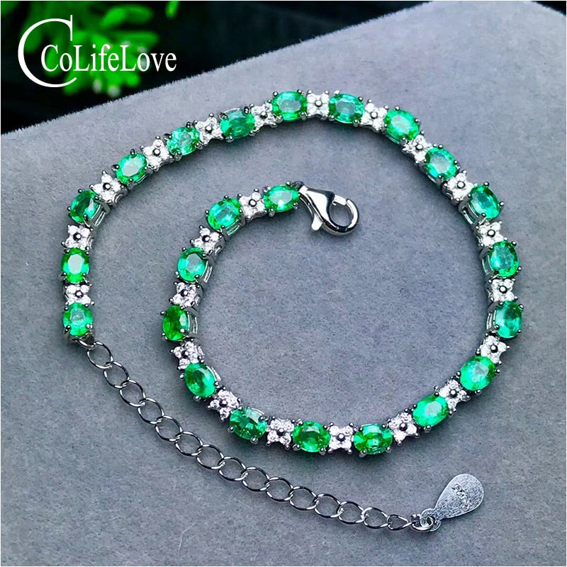 23 pieces natural emerald bracelet for wedding 3 mm * 4 mm oval cut emerald silver bracelet 925 sterling silver emerald jewelry