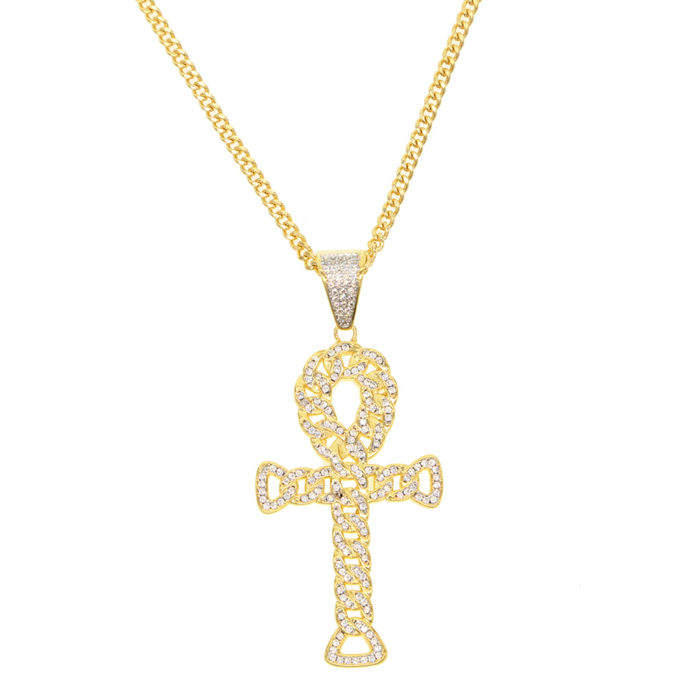 24 Gold hop Rock style jewelry Sparking bling Crystal tennis chain c cross pendant mens cuban chian cross necklace
